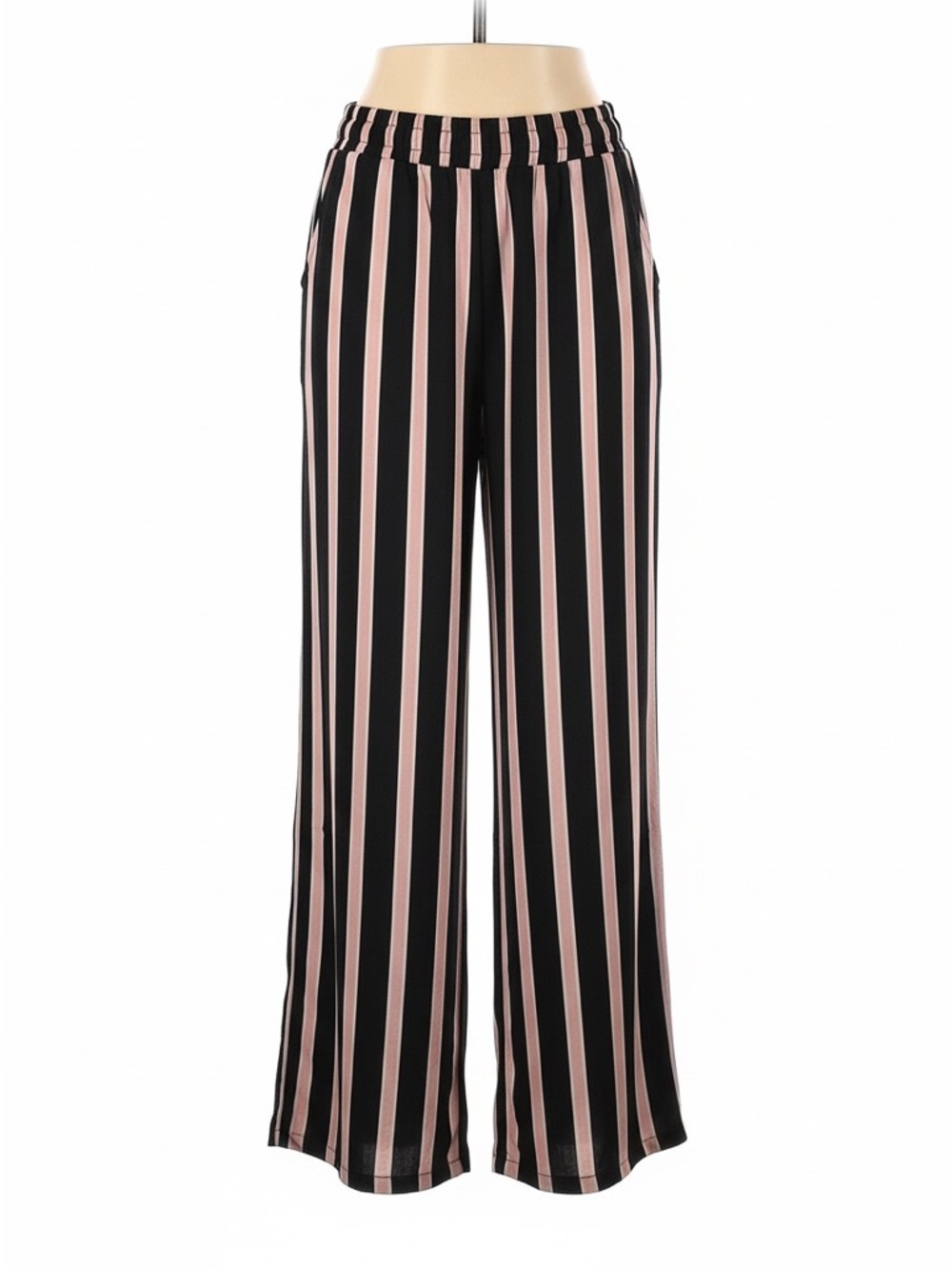 Lightweight Striped Wide-Leg Pants - Dark Green and Beige
